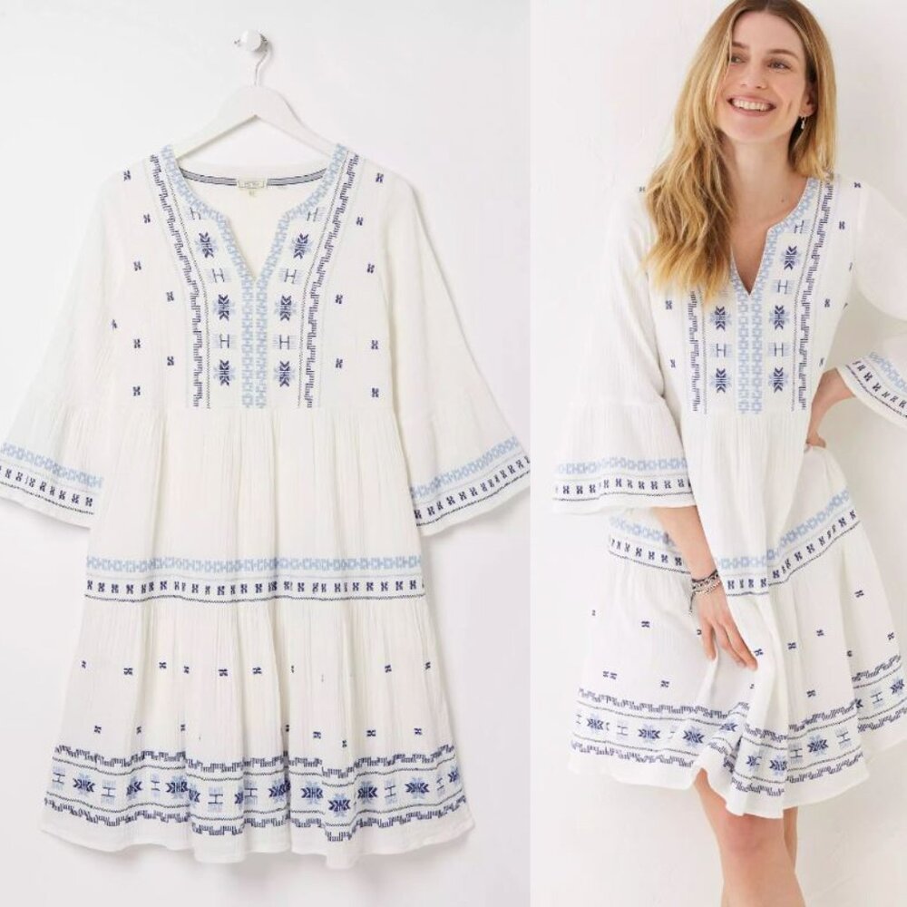 Fat Face Libby Embroidered Dress Cotton White Kaftan Flared Sleeves